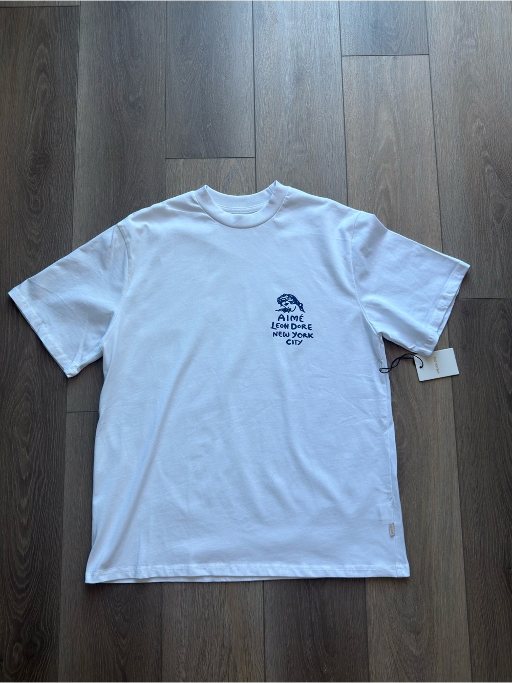 Aime Leon Dore White Tee with Navy Chest Graphic